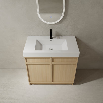 Modern 36" Freestanding Oak Bathroom Vanity with Soft-Close Doors & Integrated White Resin Sink