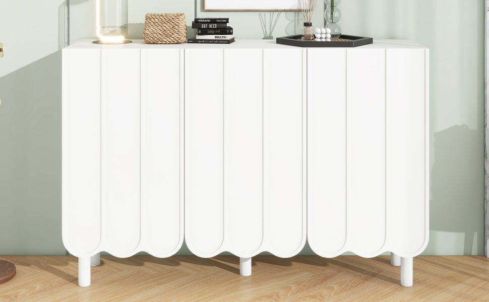 ON-TREND Cream Style Minimalist Shoe Cabinet with 5 Solid Wood Legs, Sideboard Buffet Cabinet with Adjustable Shelves, Large Storage Cabinet with Wave Doors for Living Room, White