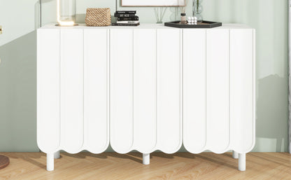 ON-TREND Cream Style Minimalist Shoe Cabinet with 5 Solid Wood Legs, Sideboard Buffet Cabinet with Adjustable Shelves, Large Storage Cabinet with Wave Doors for Living Room, White