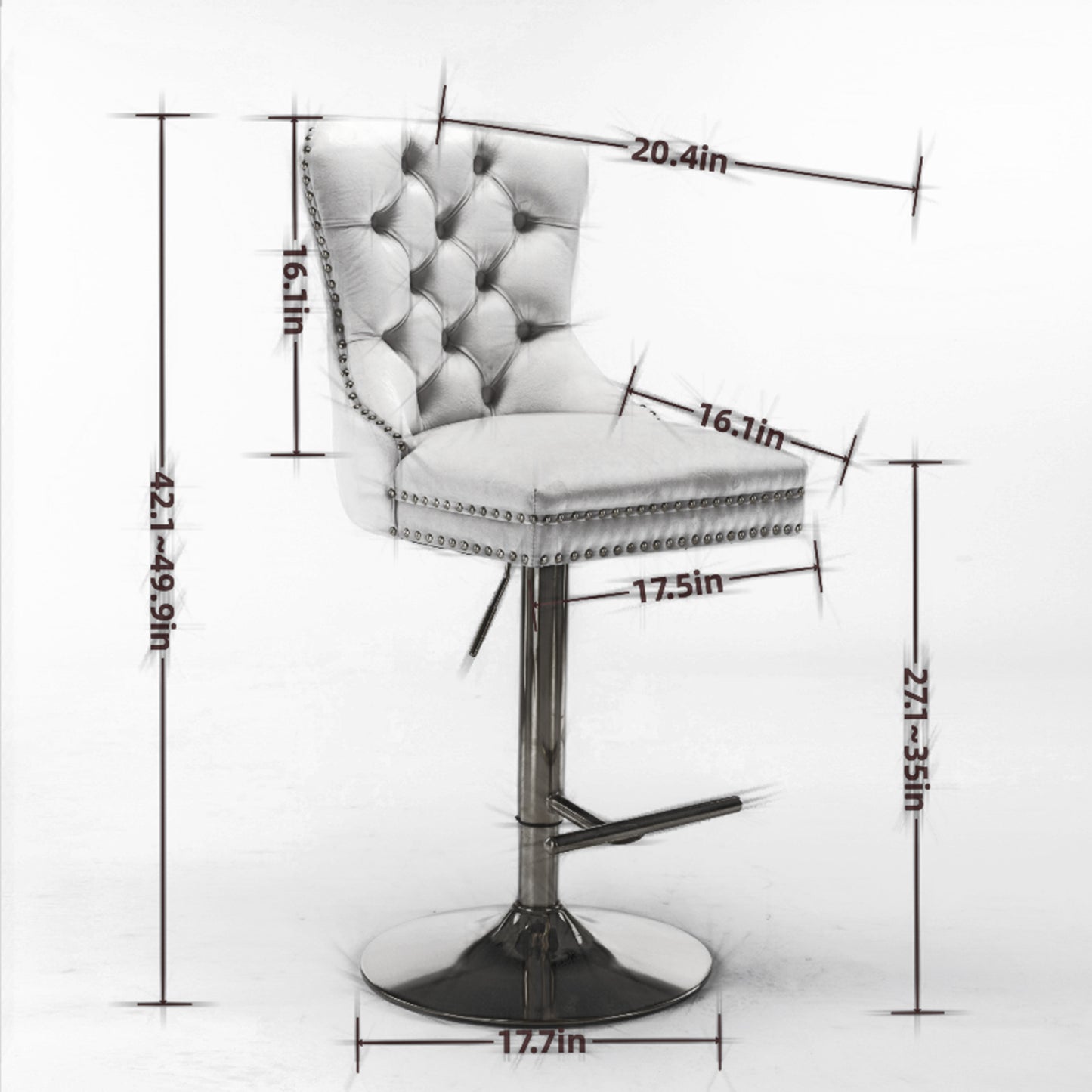 A&A Furniture Velvet Bar Stools Set Of 2 Adjustable Gray