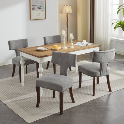 Set of 2 Mid Century Modern Dining Chairs, Linen Upholstery, Copper Nailhead Trim Solid Wood Frame Gray