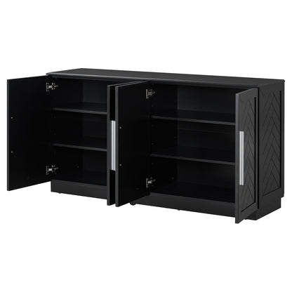 TREXM Sideboard with 4 Doors Large Storage Space Buffet Cabinet with Adjustable Shelves and Silver Handles for Kitchen, Dining Room, Living Room (Black)
