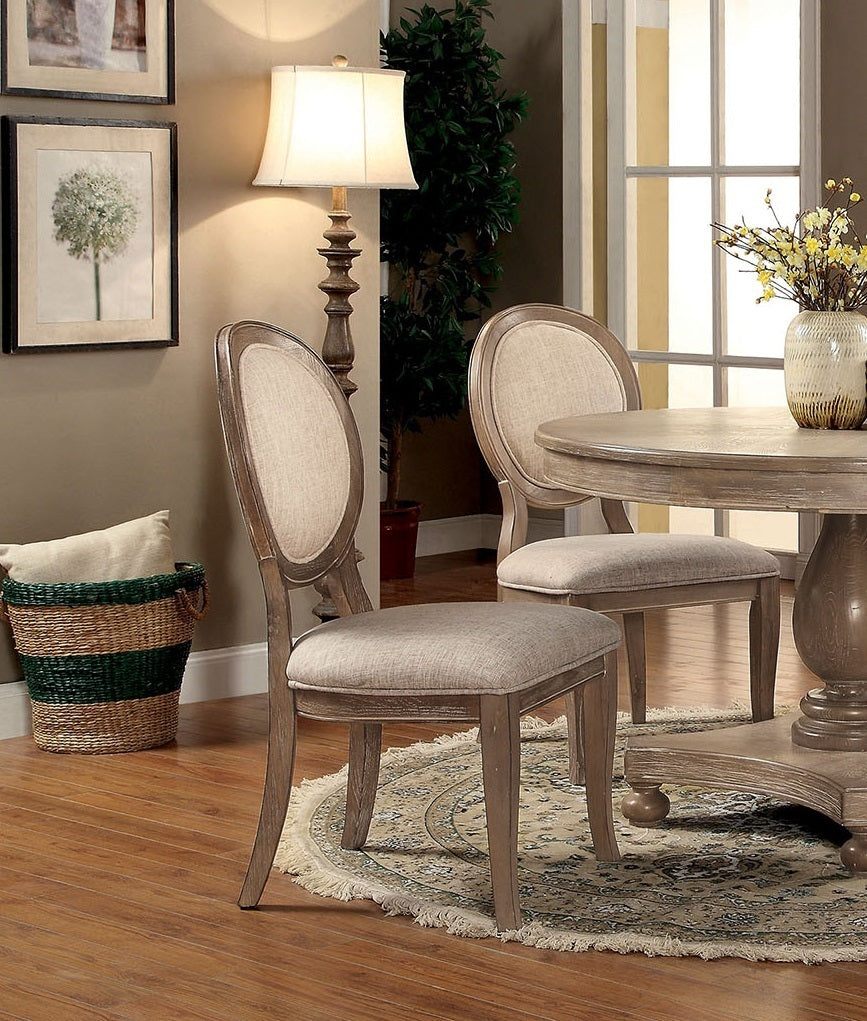 Set of 2 Transitional Dining Room Side Chairs with Padded Linen Seats, Solid Wood Frame, 21W x 25.5D x 37.75H, Rustic Oak/Gray, Kitchen & Dining Beige
