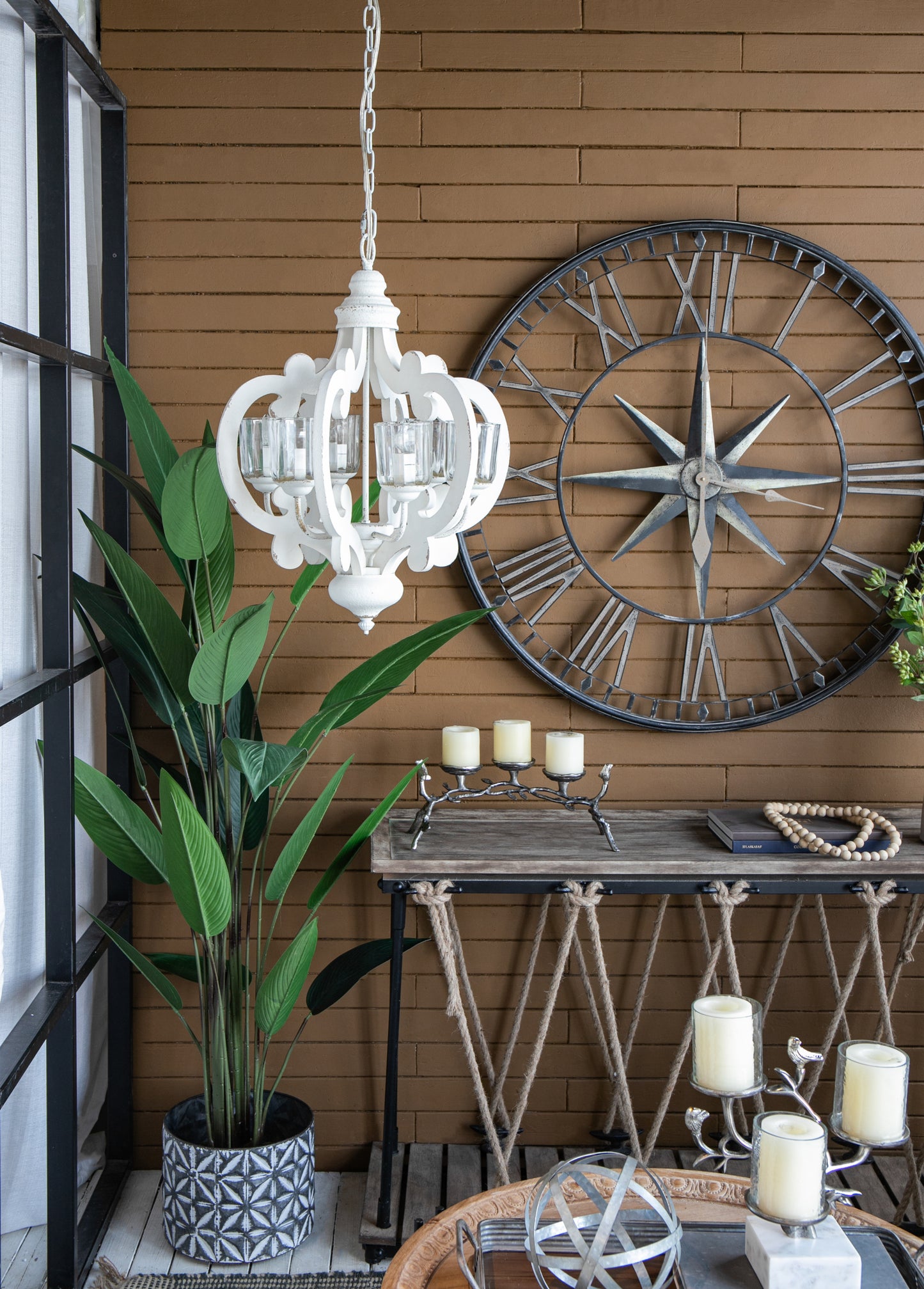 Farmhouse 6-Light Wood Chandelier Pendant with Adjustable Chain for Dining Room and Entryway Cream Finish