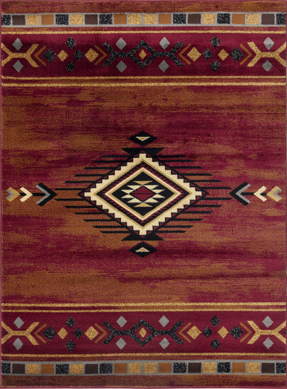 Southwest Style Area Rug, 87 x 63 inches, Polypropylene, Low-Pile, Durable, Kid & Pet Friendly Red