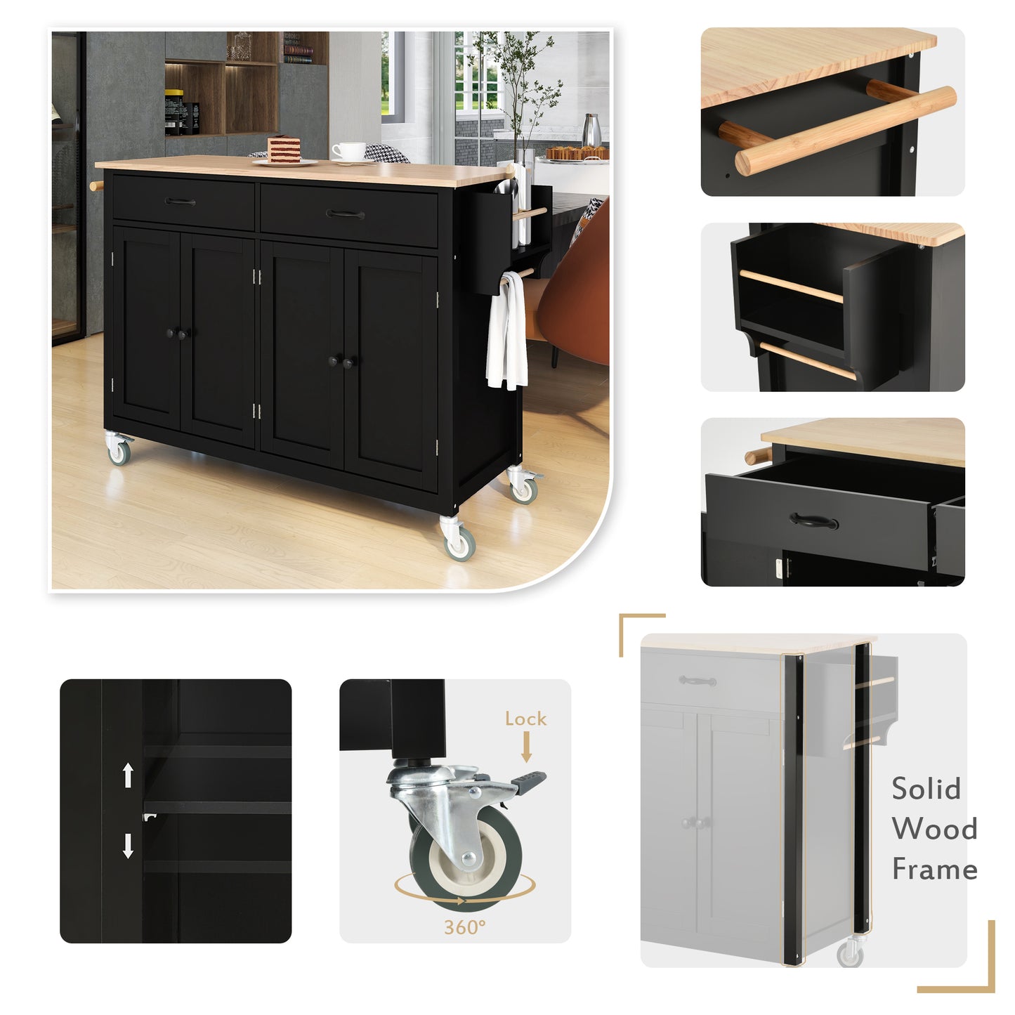 Versatile Kitchen Island Cart with Locking Wheels, Solid Wood Top, Ample Storage and Spice Rack (Black)