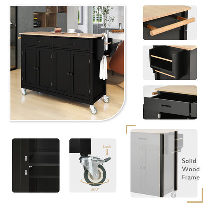 Versatile Kitchen Island Cart with Locking Wheels, Solid Wood Top, Ample Storage and Spice Rack (Black)