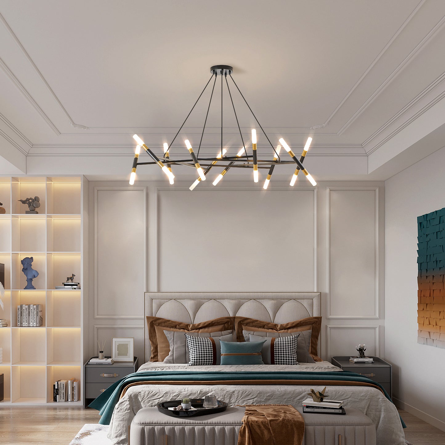 Modern Branch Chandelier with Frosted Tubes, Adjustable Pendant for Dining and Living Rooms Black & Gold