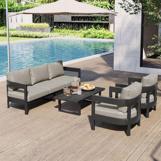 Outdoor Seating Set With Thick Cushions, Iron Frame, Complete Patio Set For Lawn, Garden, Poolside Comfort Light Gray