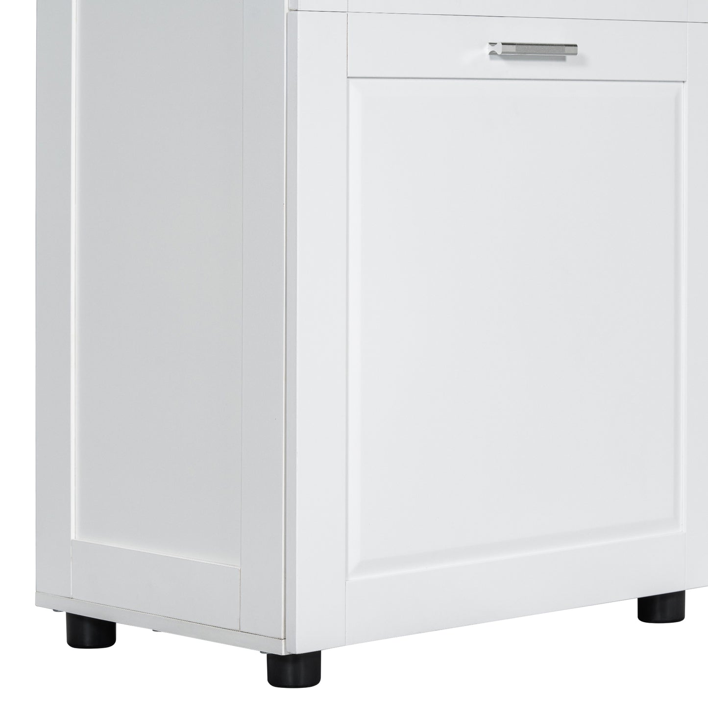 White Tall Storage Cabinet with Tilt-Out Laundry Hamper and Upper Shelves