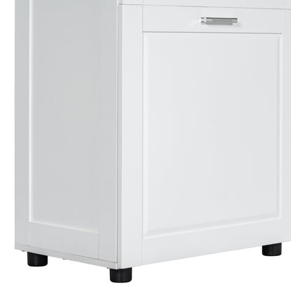 White Tall Storage Cabinet with Tilt-Out Laundry Hamper and Upper Shelves