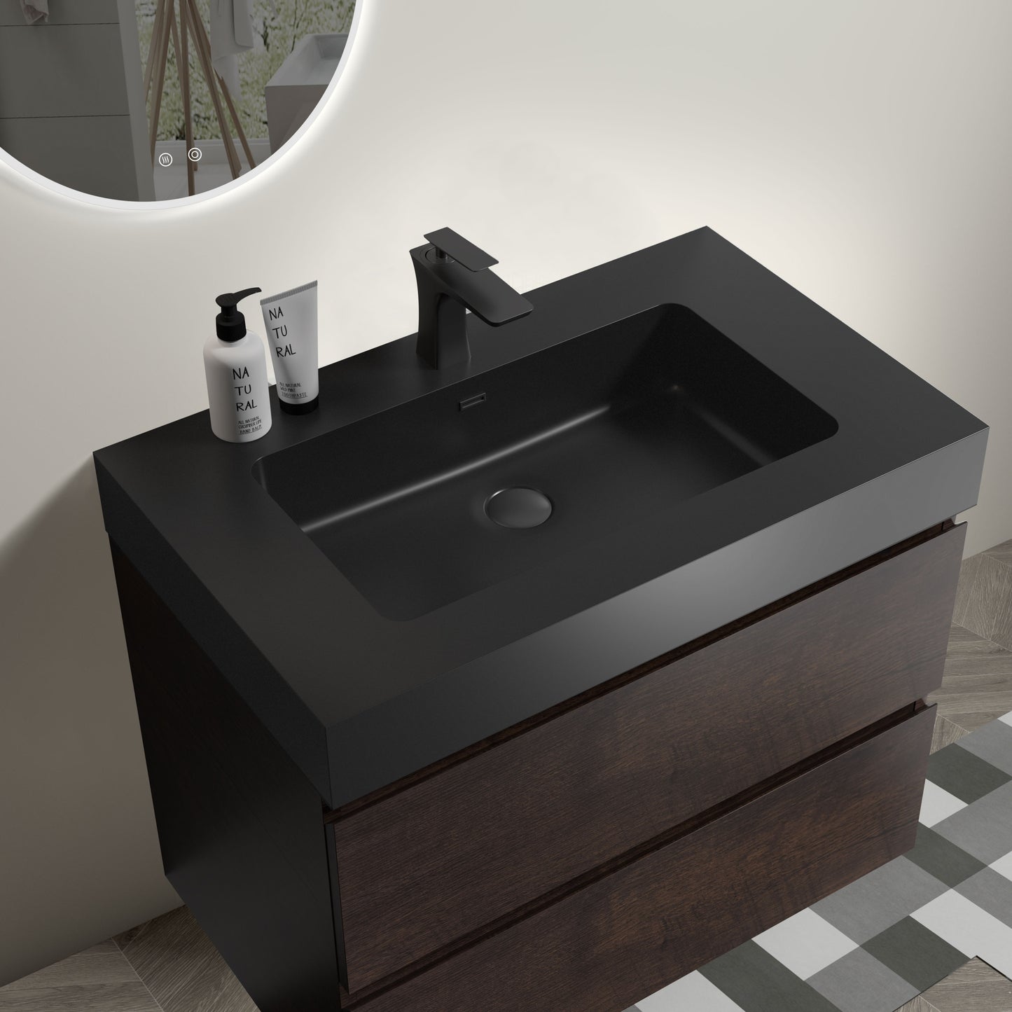 Modern 30" Walnut Floating Bathroom Vanity with Black Sink and Ample Storage