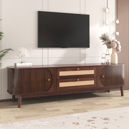 Rattan TV Stand for 75-Inch TVs, Farmhouse Media Console, Solid Wood Legs, Cable Management Natural