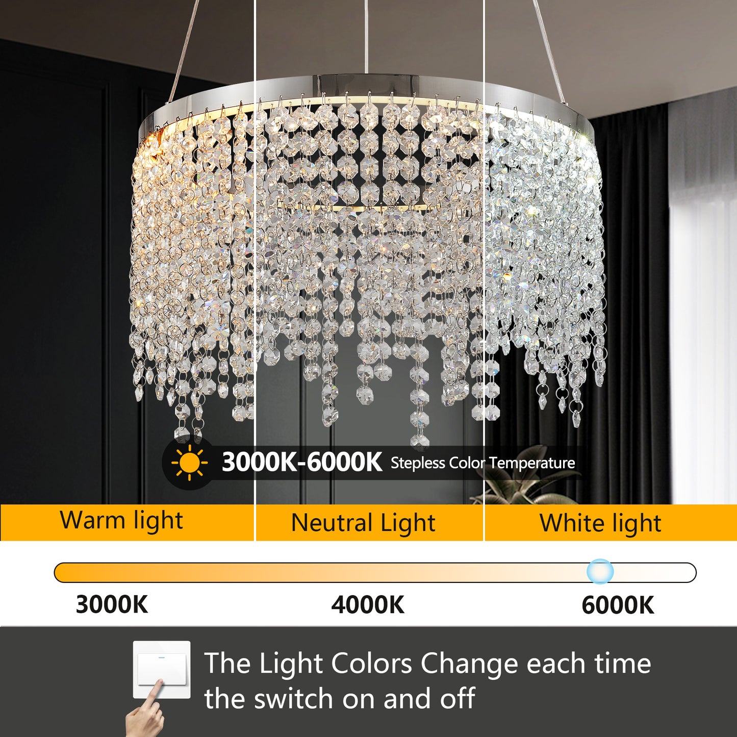 15.7-Inch Crystal Pendant Ceiling Light with Adjustable Height, 16W LED, 110V, Chrome/Transparent