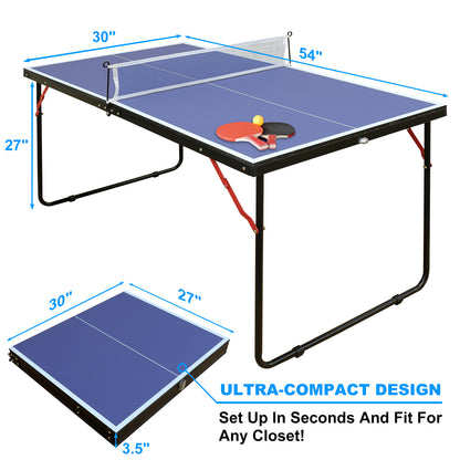 Foldable Table Tennis Table 54x30'' Playing Surface 0.5'' MDF Top, Net & 2 Paddles Indoor/Outdoor Blue