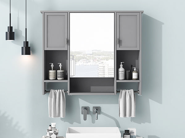 35'' x 28'' Modern Wall Mounted Bathroom Storage Cabinet, Bathroom Wall Cabinet with Mirror, Medicine Cabinet with Towels Bar