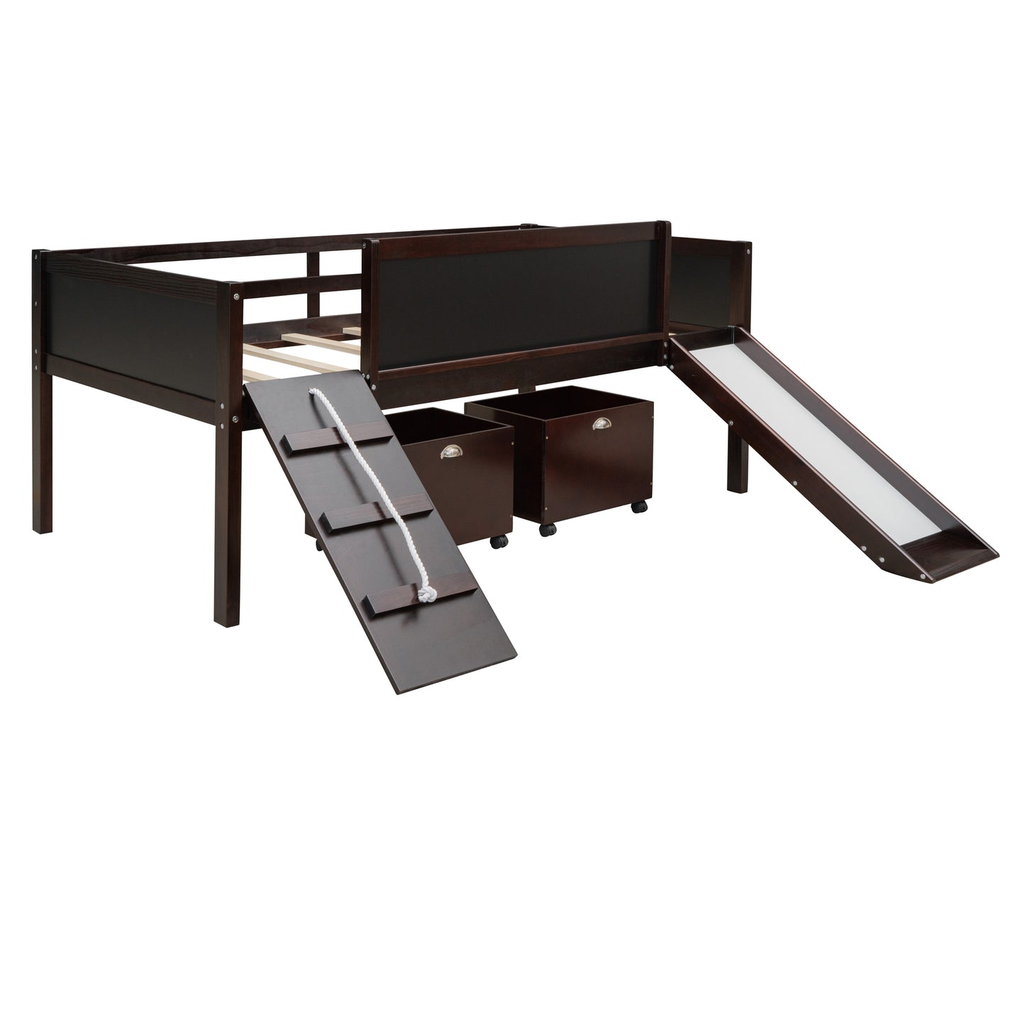 Espresso Twin Loft Bed with Slide and Storage Bins