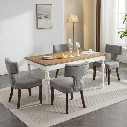 Set of 2 Mid Century Modern Dining Chairs, Linen Upholstery, Copper Nailhead Trim Solid Wood Frame Gray