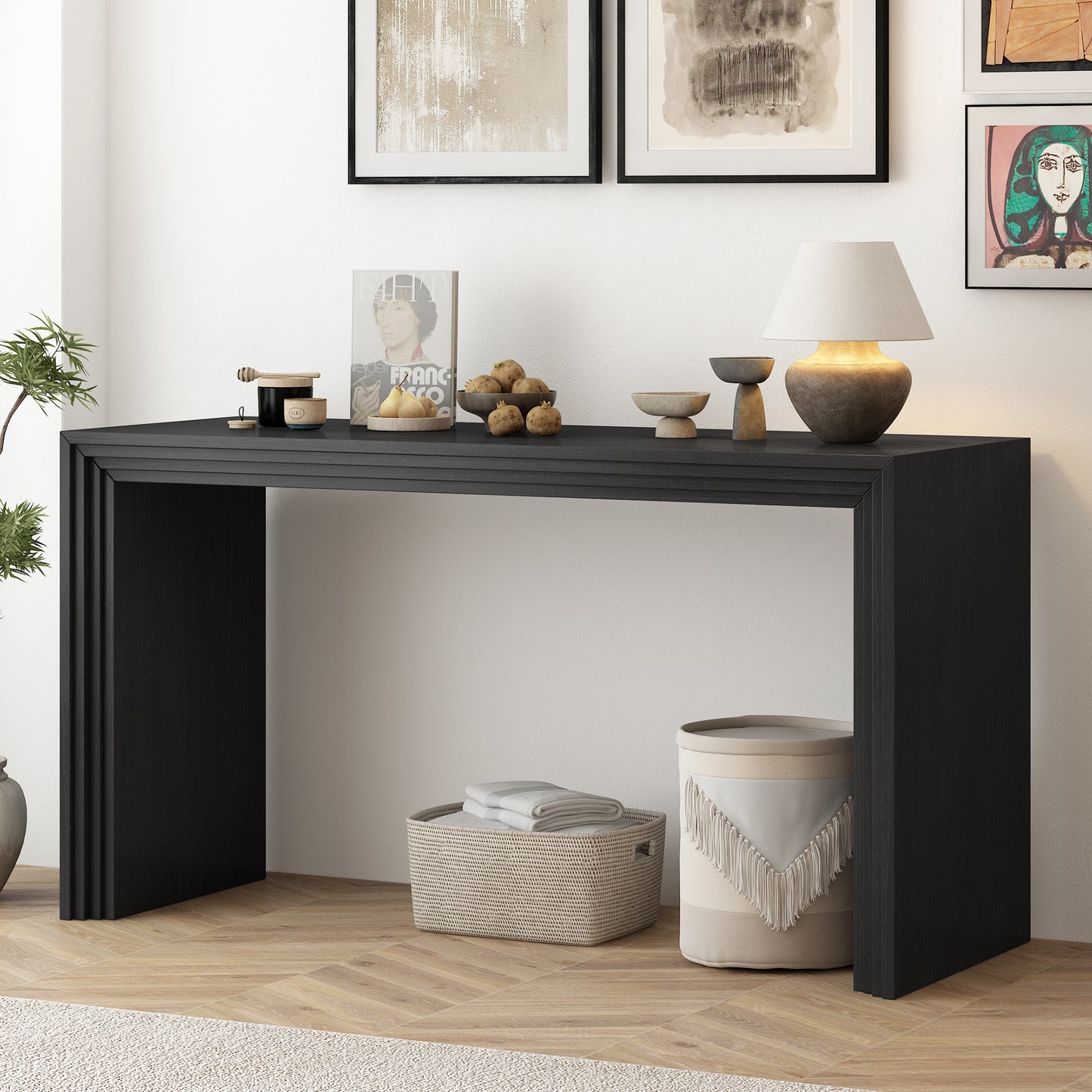 59.2-Inch Modern Console Table with MDF + Paulownia Veneer, Striped Design for Foyer or Living Room, Black