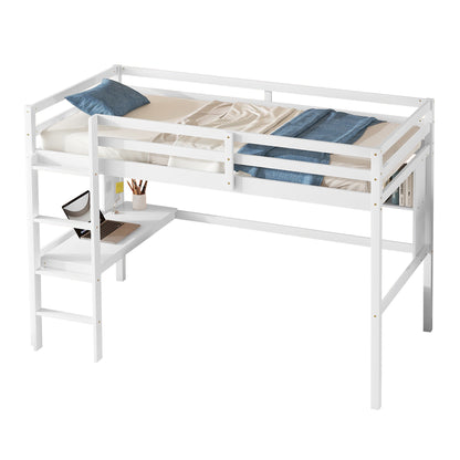 Twin Loft Bed with Integrated Desk and Shelves, Safety Guardrails, and Ladder in White