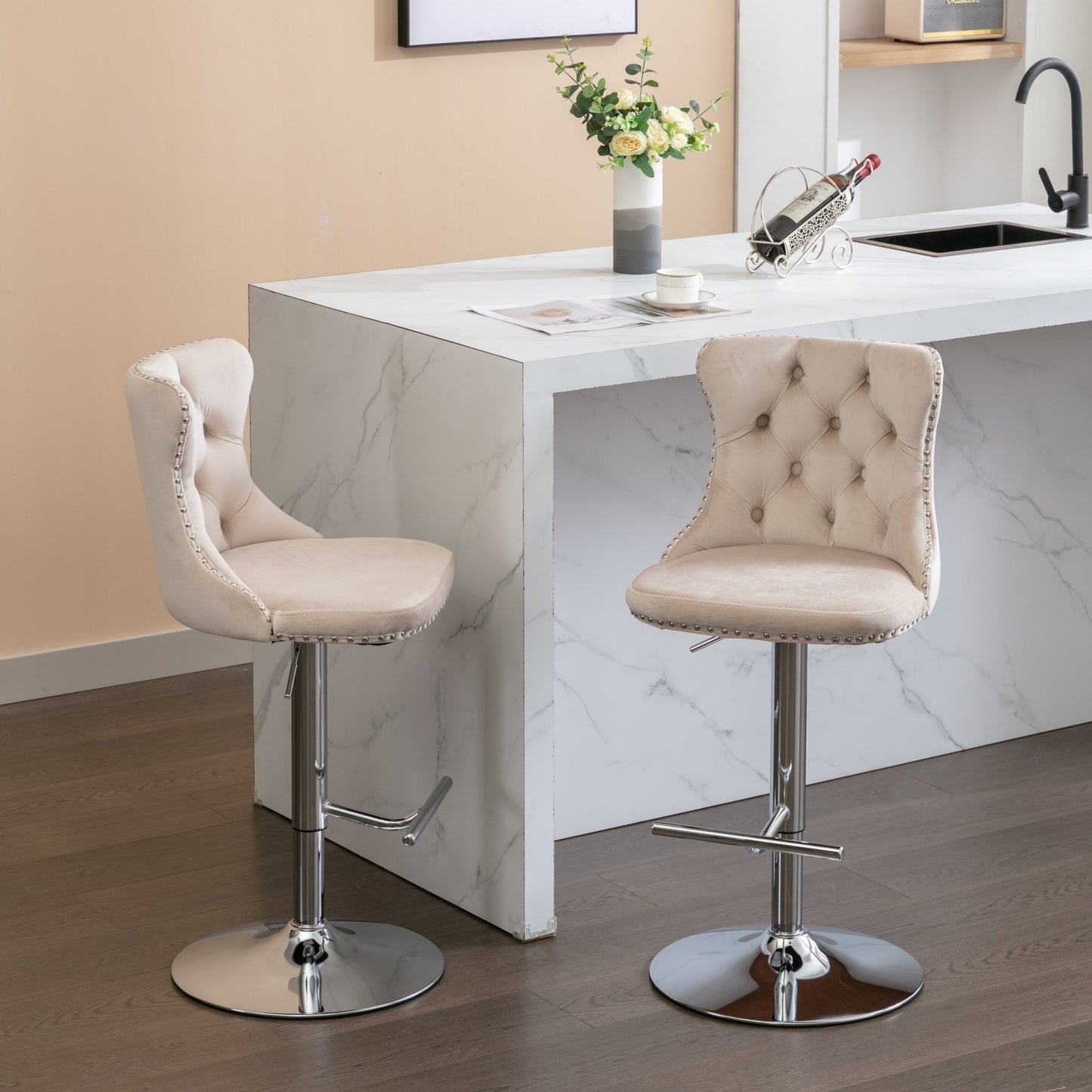 Swivel Velvet Bar Stools Adjustable Height Beige Chrome Base