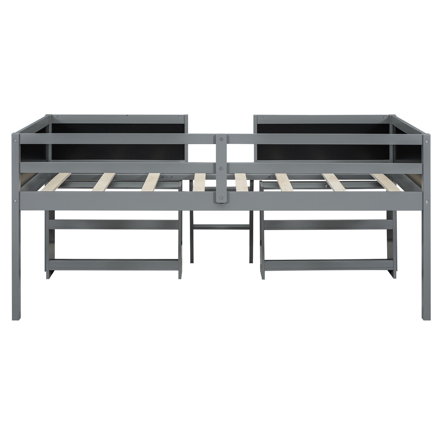 Twin Size Low Loft Bed with Creative Chalkboard Guardrails and Adjustable Storage Shelves, Gray