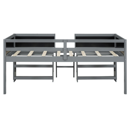 Twin Size Low Loft Bed with Creative Chalkboard Guardrails and Adjustable Storage Shelves, Gray