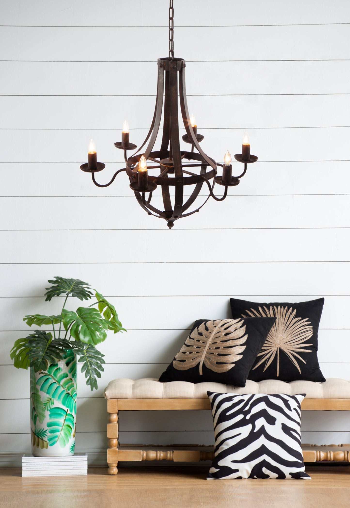 Six-Light Iron Chandelier with Adjustable Chain, 25x22x24in, 6x E12, 60W, Hardwired Antique Black