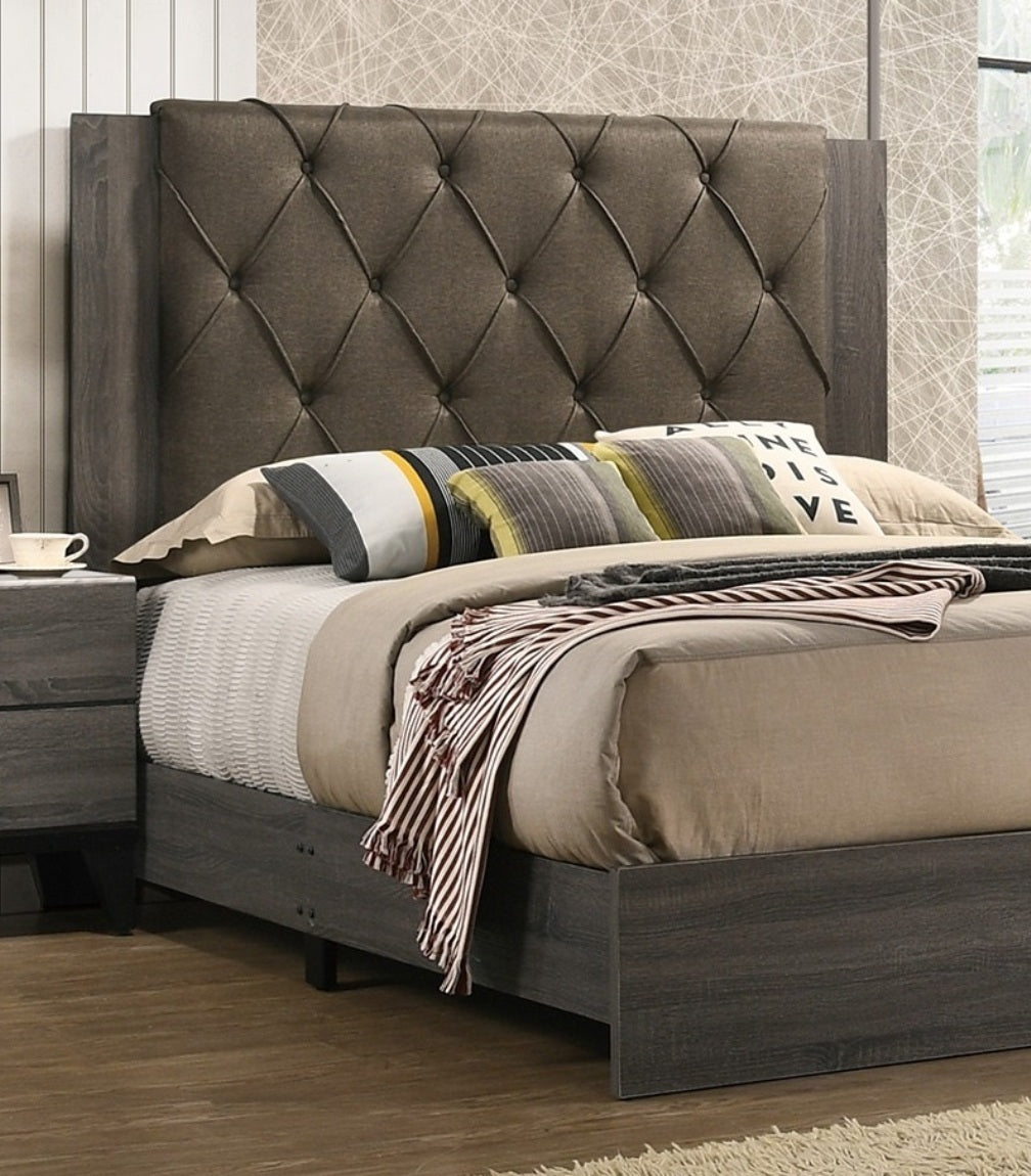 Modern Tufted Queen Bed Frame with Rubberwood Construction and Gray Finish
