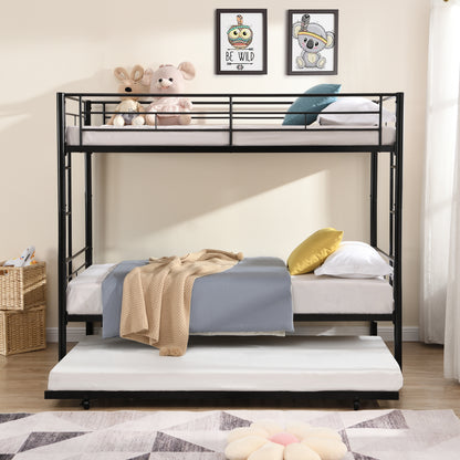 Black Metal Bunk Bed with Trundle for Space-Saving Comfort