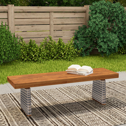 Outdoor Acacia Wood Bench For Patio Or Garden, 57 Inch Long, Grey Wicker Seat, One Piece, Teak Finish