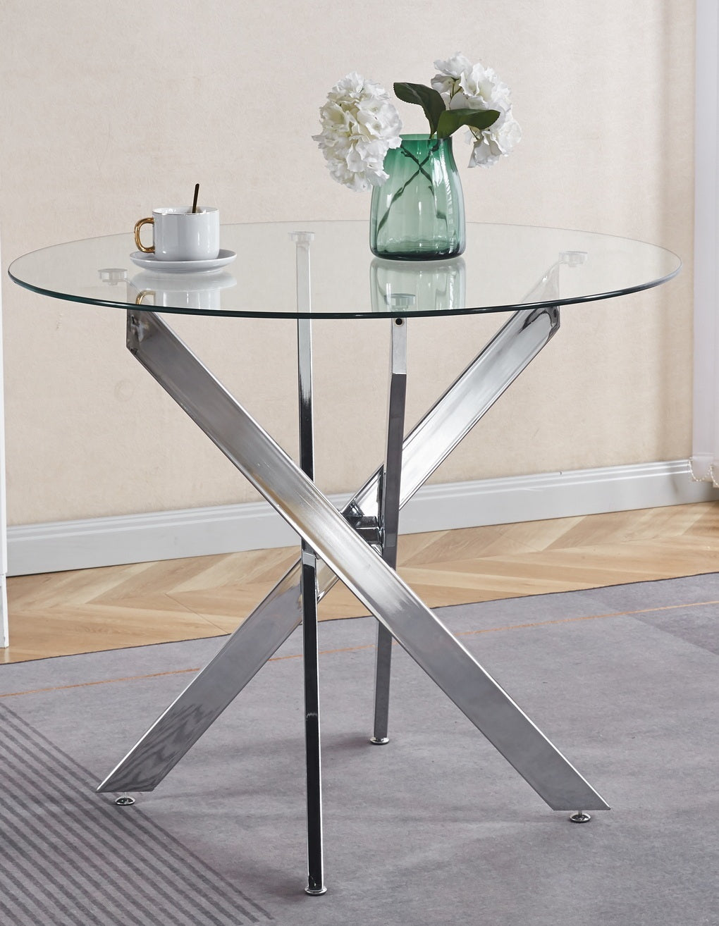 Dining Table With Tempered Glass And Cross Metal Legs Chrome