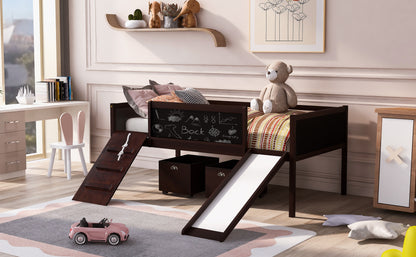 Espresso Twin Loft Bed with Slide and Storage Bins