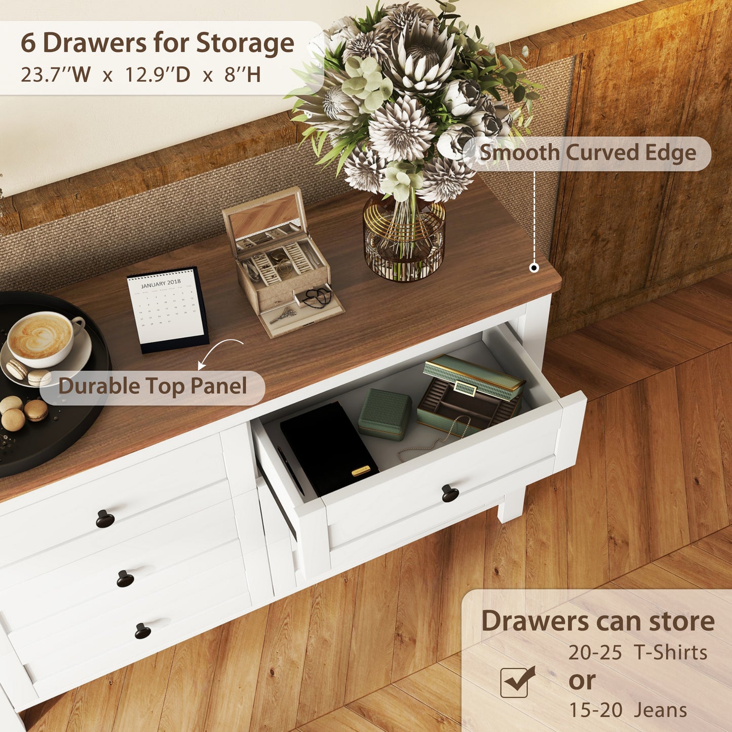 Chic Vintage-Inspired 6-Drawer Wooden Dresser with Rustic Charm for Bedroom - White & Brown