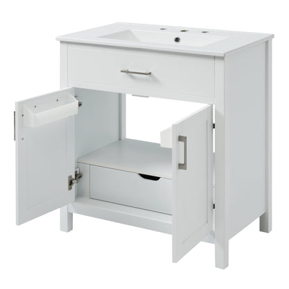 Elegant 30-Inch White Bathroom Vanity with Ceramic Sink and Ample Storage for Compact Spaces