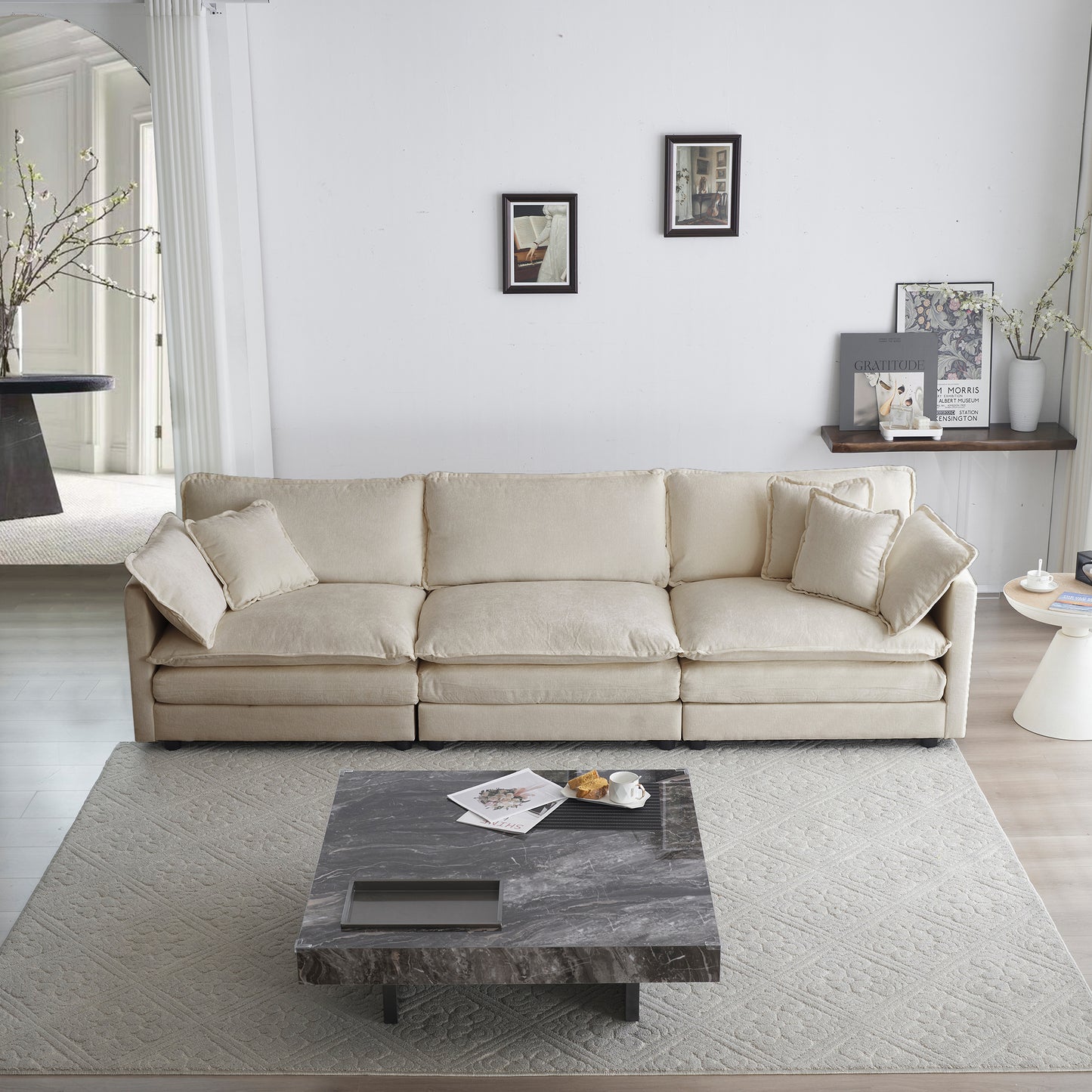 Three-Seater Mid-Century Modern Chenille Sofa with 2 Armrest Pillows and 3 Toss Pillows, Living Room Beige