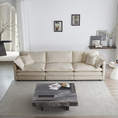 Three-Seater Mid-Century Modern Chenille Sofa with 2 Armrest Pillows and 3 Toss Pillows, Living Room Beige