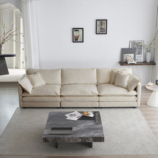 Three-Seater Mid-Century Modern Chenille Sofa with 2 Armrest Pillows and 3 Toss Pillows, Living Room Beige