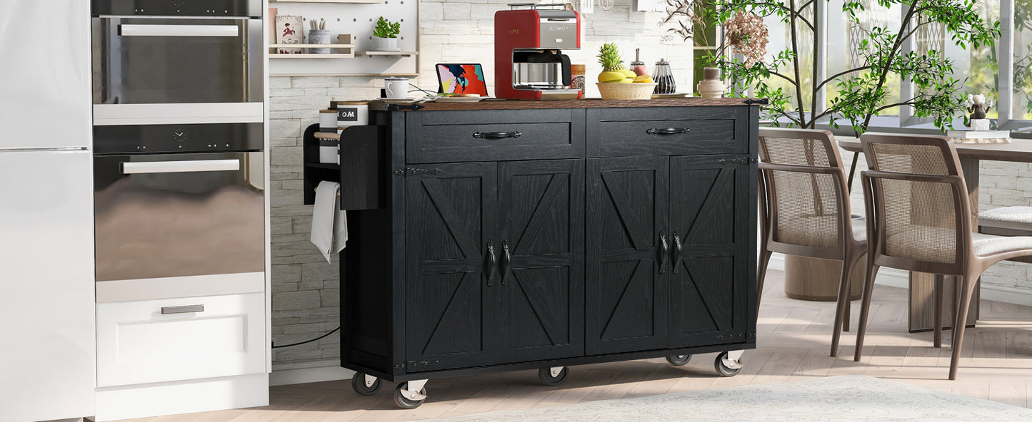Rolling Farmhouse Kitchen Island with Power Outlet, Drop Leaf Design, Ample Storage, and Spice Rack - Black
