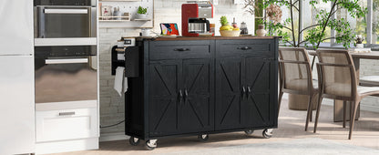 Rolling Farmhouse Kitchen Island with Power Outlet, Drop Leaf Design, Ample Storage, and Spice Rack - Black