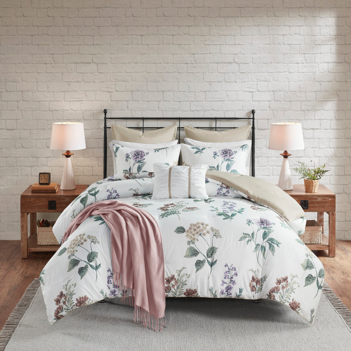 7-Piece Printed Seersucker Comforter Set with Throw, Full/Queen, Cottage Style, Microfiber, Taupe/Blush