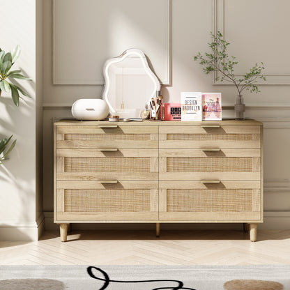 Elegant 51" Rattan Storage Dresser with 6 Drawers for Bedroom and Living Room, Modern Wood Legs and Metal Handles, Natural Finish