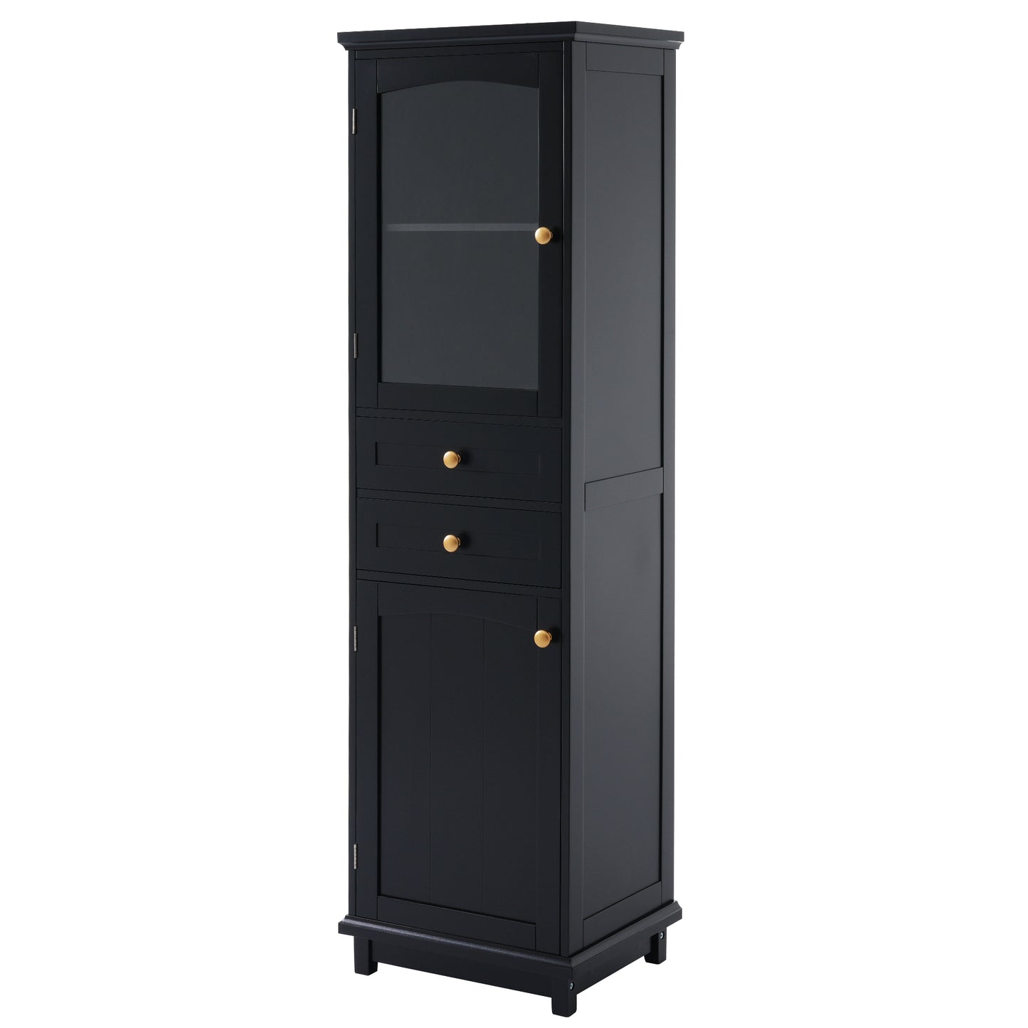63" Tall Bathroom Storage Cabinet with Glass Doors, Free-Standing, Two Drawers, and Adjustable Shelves, MDF Board, Painted Black - Perfect for Displaying Your Favorite Items