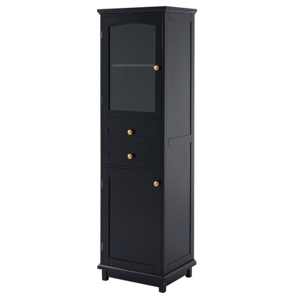63" Tall Bathroom Storage Cabinet with Glass Doors, Free-Standing, Two Drawers, and Adjustable Shelves, MDF Board, Painted Black - Perfect for Displaying Your Favorite Items