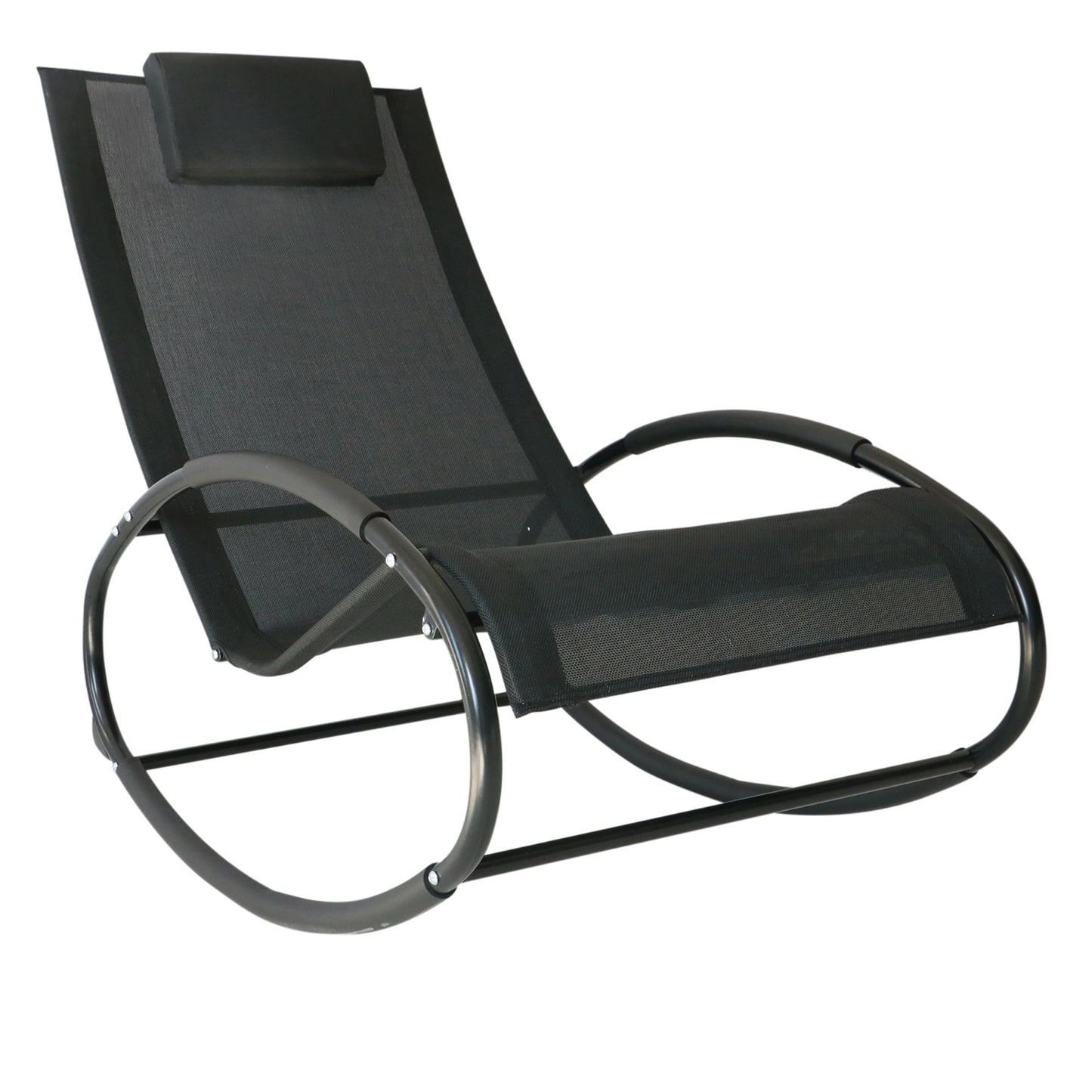 Outdoor Pool Lounger Rocking Chair For Sunbathing And Poolside Relaxing, Patio Lounge With Pillow And Mesh, 41in, Black