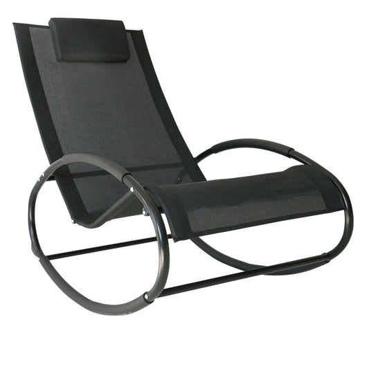 Outdoor Pool Lounger Rocking Chair For Sunbathing And Poolside Relaxing, Patio Lounge With Pillow And Mesh, 41in, Black