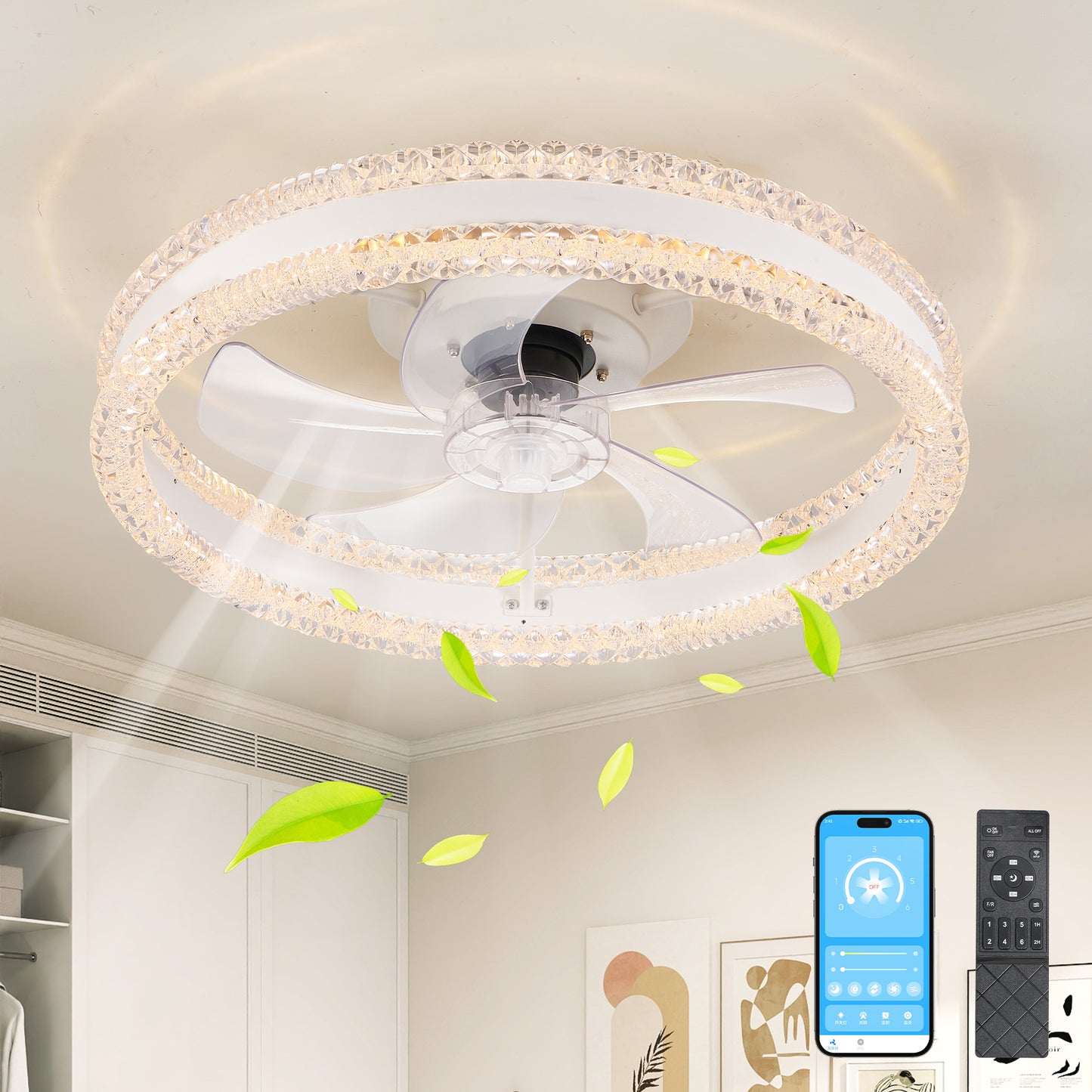 20-Inch LED Ceiling Fan with Double Ring Light, Hidden Blades, Remote & App, Bedroom Flush Mount, White