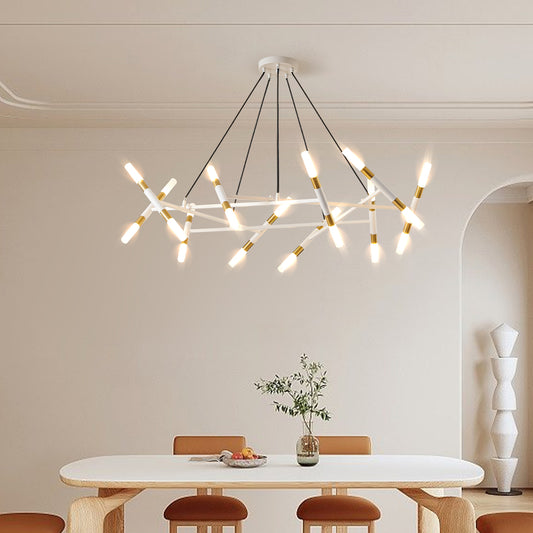 Branch Chandelier, Frosted Tubes, Adjustable Height, Dining Room or Kitchen Island White & Golden