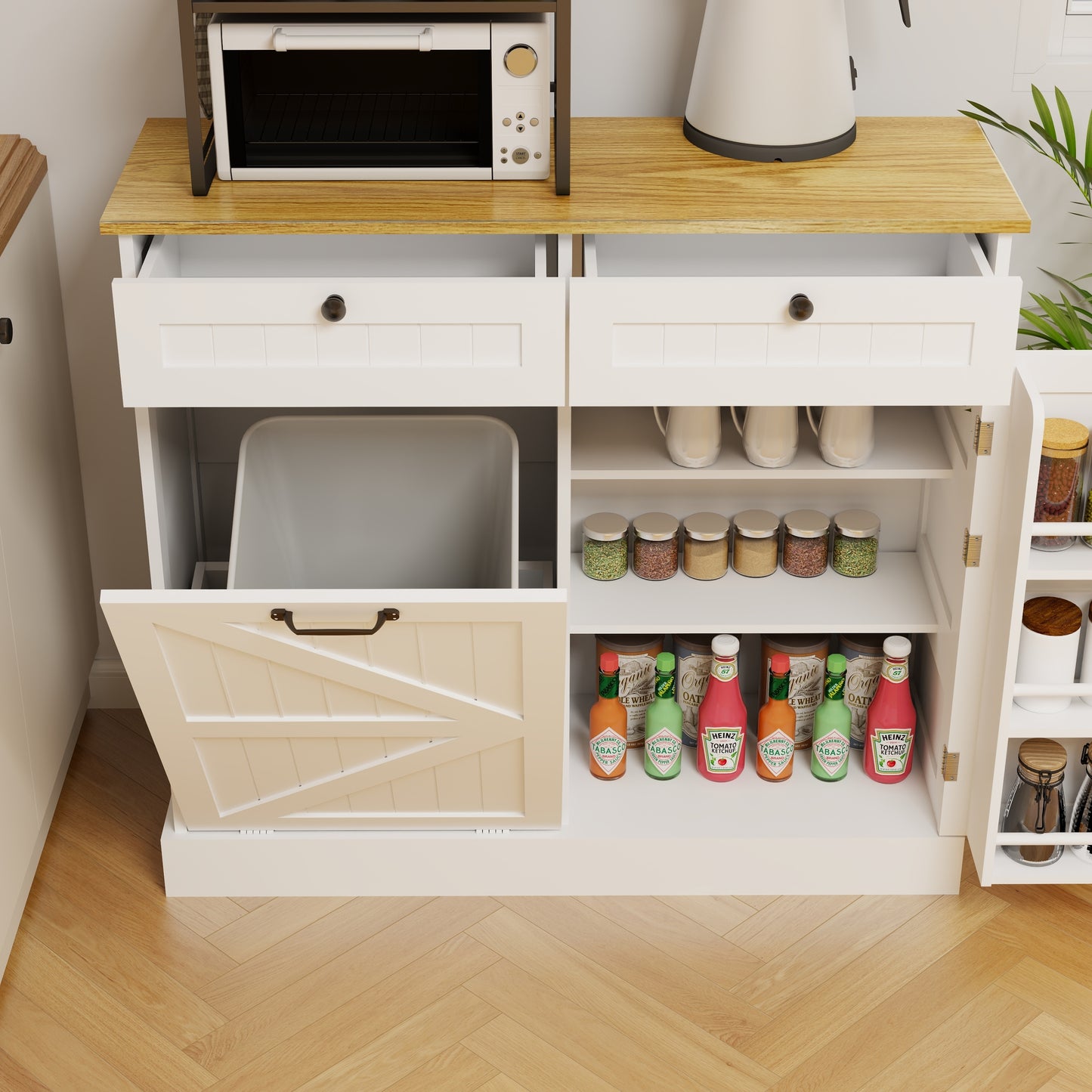 Modern White Kitchen Trash Storage Cabinet with Drawers and Tilt-Out Bin - Multifunctional Organizer for Home Use