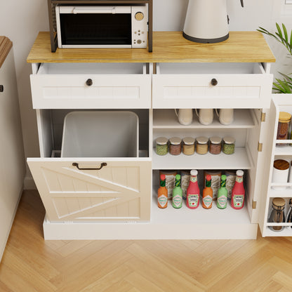 Modern White Kitchen Trash Storage Cabinet with Drawers and Tilt-Out Bin - Multifunctional Organizer for Home Use